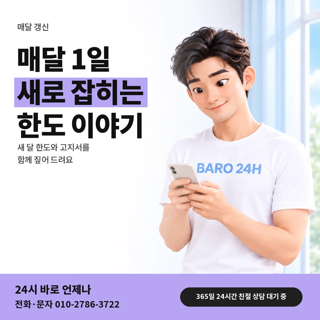 BARO 24H 티셔츠를 입은 3D 인물 옆에 「SK 매달 새로 잡히는 한도」 제목을 얹은 안내 카드