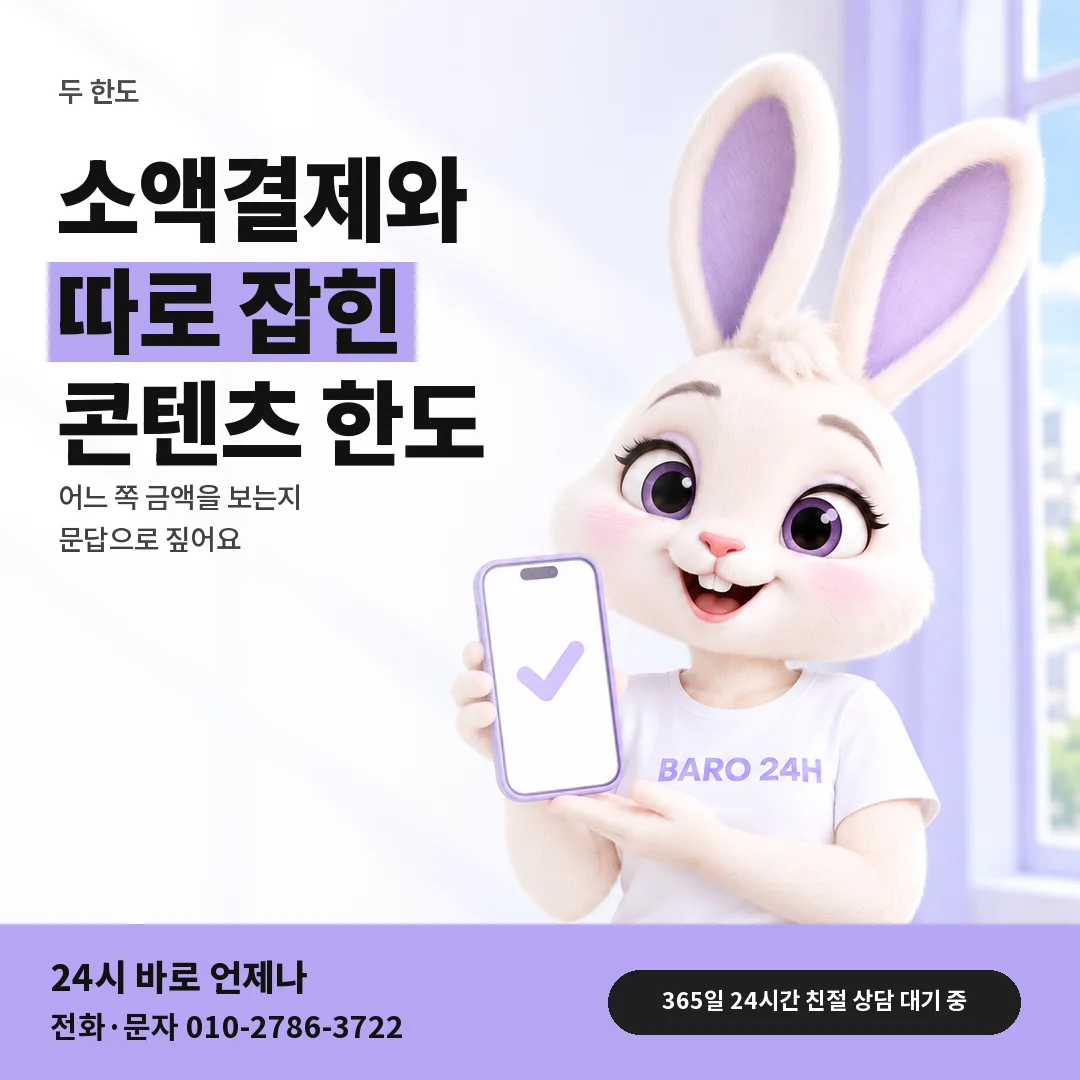 휴대폰을 든 BARO 24H 티셔츠를 입은 3D 토끼 캐릭터 옆에 「SK 두 한도 별개 문답」 제목을 얹은 안내 카드